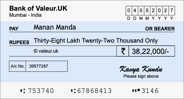 How to write a cheque for 38.22 lakh rupees