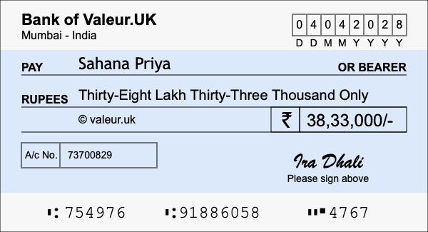 How to write a cheque for 38.33 lakh rupees