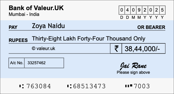 How to write a cheque for 38.44 lakh rupees