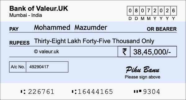 How to write a cheque for 38.45 lakh rupees