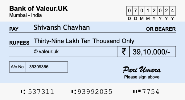 How to write a cheque for 39.1 lakh rupees