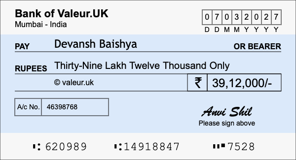 How to write a cheque for 39.12 lakh rupees