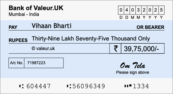 How to write a cheque for 39.75 lakh rupees