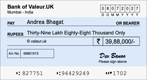 How to write a cheque for 39.88 lakh rupees How to write a cheque for 39.88 lakh rupees