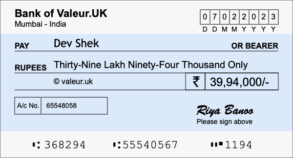 How to write a cheque for 39.94 lakh rupees How to write a cheque for 39.94 lakh rupees
