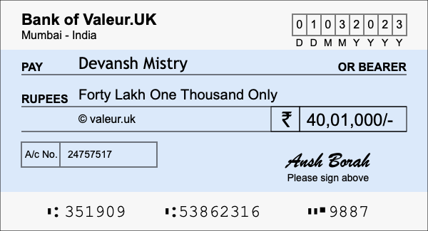 How to write a cheque for 40.01 lakh rupees