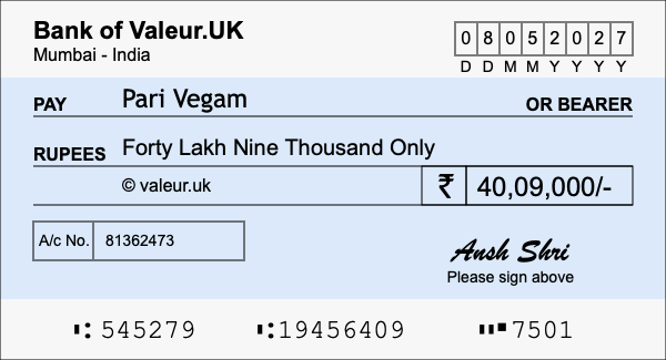 How to write a cheque for 40.09 lakh rupees