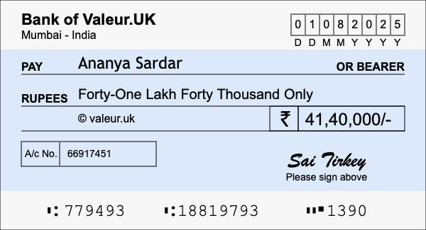 How to write a cheque for 41.4 lakh rupees