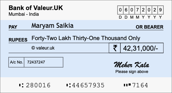 How to write a cheque for 42.31 lakh rupees How to write a cheque for 42.31 lakh rupees
