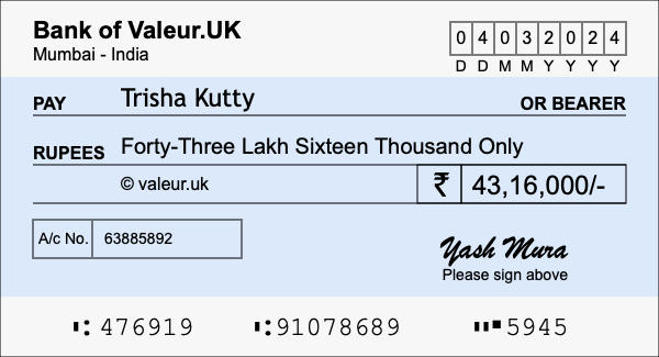 How to write a cheque for 43.16 lakh rupees