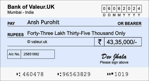 How to write a cheque for 43.35 lakh rupees How to write a cheque for 43.35 lakh rupees