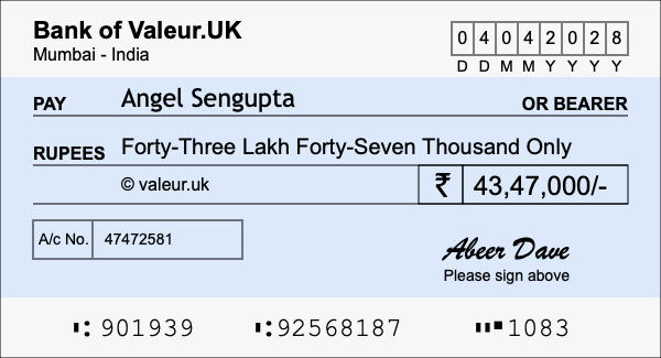 How to write a cheque for 43.47 lakh rupees