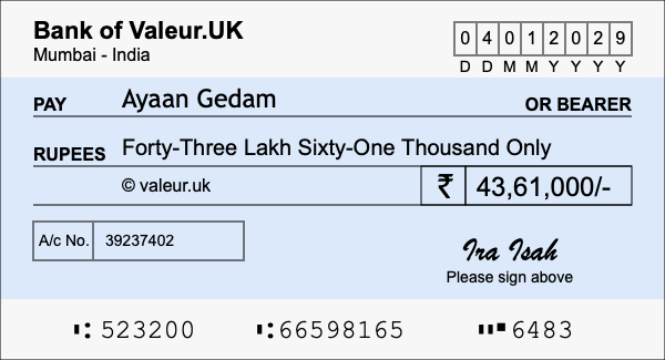 How to write a cheque for 43.61 lakh rupees How to write a cheque for 43.61 lakh rupees