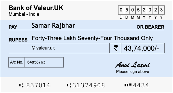 How to write a cheque for 43.74 lakh rupees