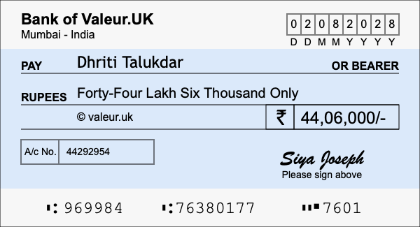 How to write a cheque for 44.06 lakh rupees How to write a cheque for 44.06 lakh rupees