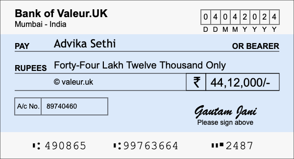 How to write a cheque for 44.12 lakh rupees How to write a cheque for 44.12 lakh rupees