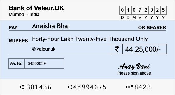 How to write a cheque for 44.25 lakh rupees How to write a cheque for 44.25 lakh rupees