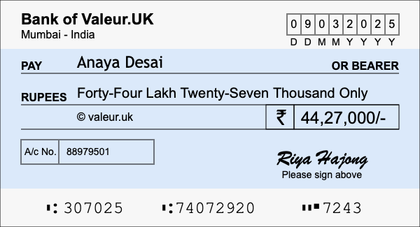 How to write a cheque for 44.27 lakh rupees How to write a cheque for 44.27 lakh rupees