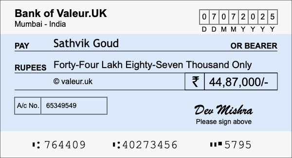 How to write a cheque for 44.87 lakh rupees