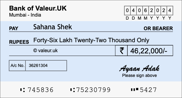 How to write a cheque for 46.22 lakh rupees