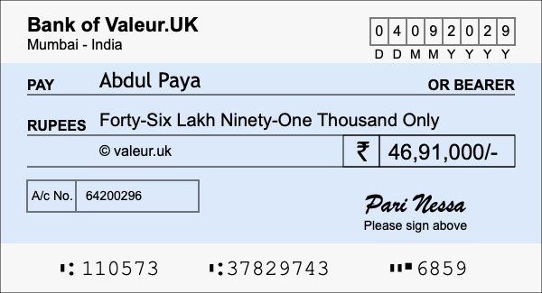 How to write a cheque for 46.91 lakh rupees
