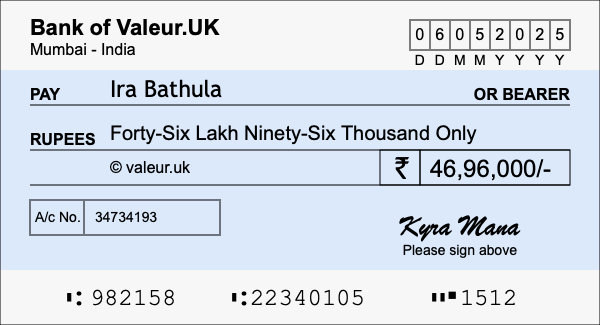 How to write a cheque for 46.96 lakh rupees