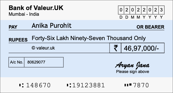 How to write a cheque for 46.97 lakh rupees