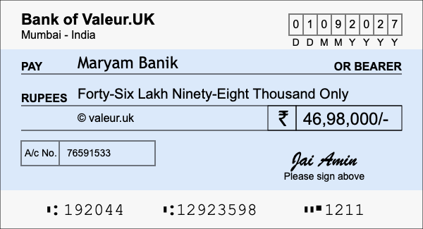 How to write a cheque for 46.98 lakh rupees