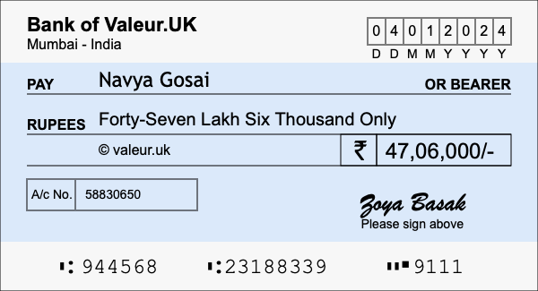 How to write a cheque for 47.06 lakh rupees