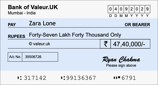 How to write a cheque for 47.4 lakh rupees