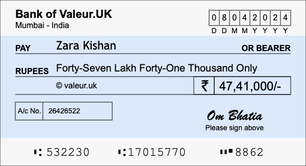 How to write a cheque for 47.41 lakh rupees