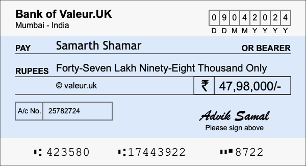 How to write a cheque for 47.98 lakh rupees