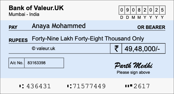 How to write a cheque for 49.48 lakh rupees