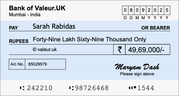 How to write a cheque for 49.69 lakh rupees