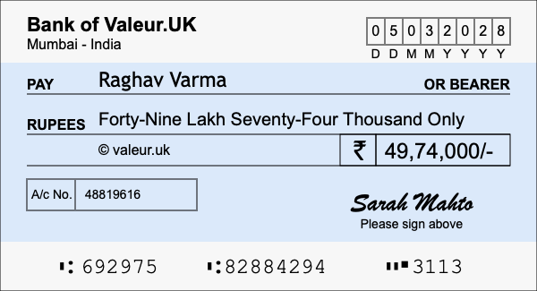 How to write a cheque for 49.74 lakh rupees