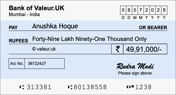 How to write a cheque for 49.91 lakh rupees How to write a cheque for 49.91 lakh rupees