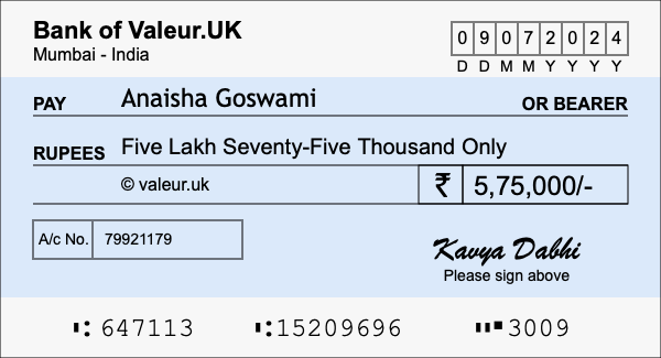 How to write a cheque for 5.75 lakh rupees