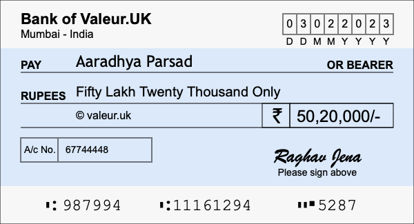 How to write a cheque for 50.2 lakh rupees