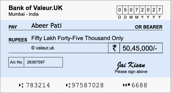 How to write a cheque for 50.45 lakh rupees