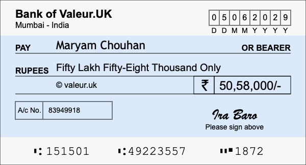 How to write a cheque for 50.58 lakh rupees