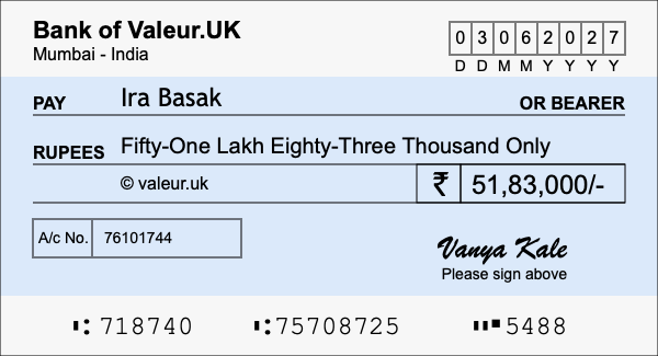 How to write a cheque for 51.83 lakh rupees