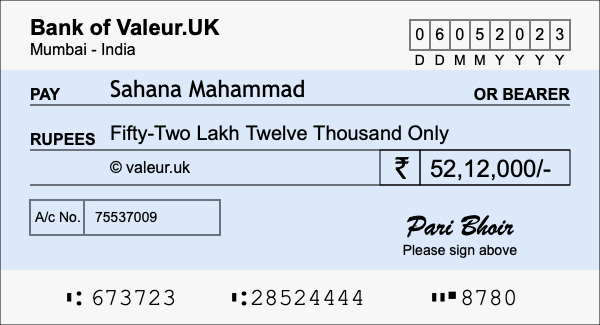 How to write a cheque for 52.12 lakh rupees