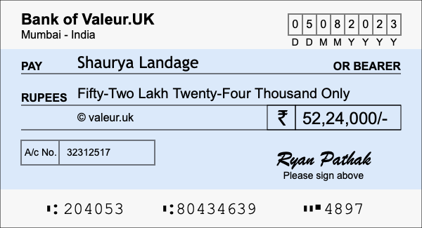 How to write a cheque for 52.24 lakh rupees