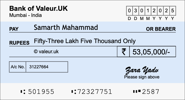 How to write a cheque for 53.05 lakh rupees How to write a cheque for 53.05 lakh rupees