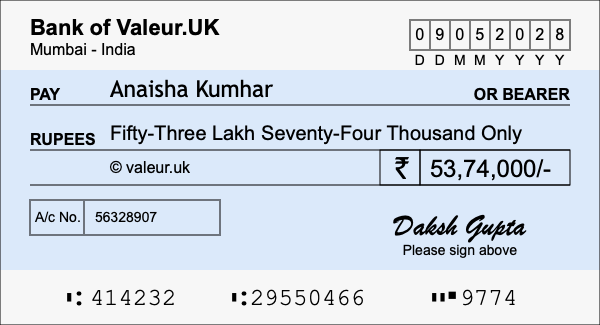 How to write a cheque for 53.74 lakh rupees