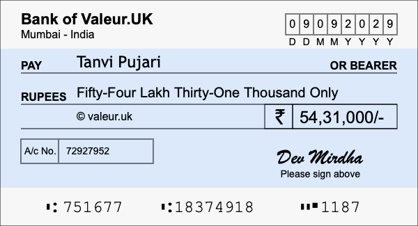 How to write a cheque for 54.31 lakh rupees