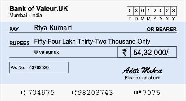 How to write a cheque for 54.32 lakh rupees
