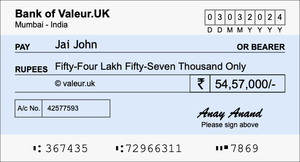 How to write a cheque for 54.57 lakh rupees