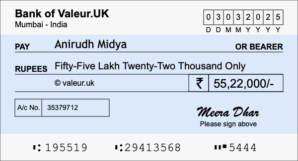 How to write a cheque for 55.22 lakh rupees How to write a cheque for 55.22 lakh rupees