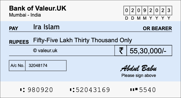 How to write a cheque for 55.3 lakh rupees How to write a cheque for 55.3 lakh rupees